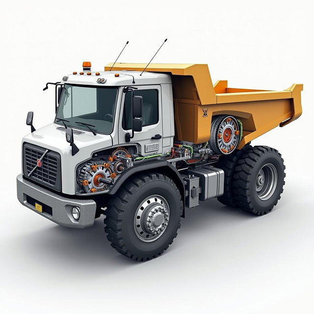 A detailed illustration of a dump truck's transmission system featuring in-wheel electric motors