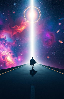 A lone figure walking on a disappearing road that fades into a vast cosmic landscape filled with stars, nebulae, and colorful galaxies
