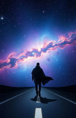 A lone figure walking on a disappearing road that fades into a vast cosmic landscape filled with stars, nebulae, and colorful galaxies