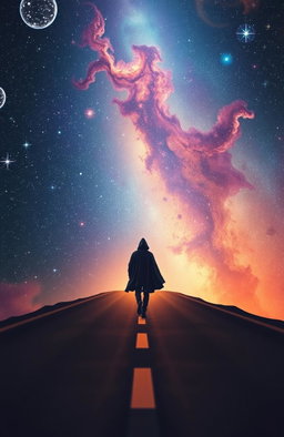 A lone figure walking on a disappearing road that fades into a vast cosmic landscape filled with stars, nebulae, and colorful galaxies