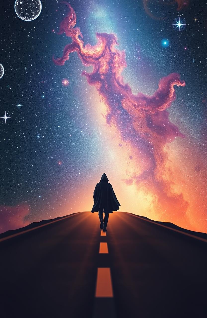 A lone figure walking on a disappearing road that fades into a vast cosmic landscape filled with stars, nebulae, and colorful galaxies