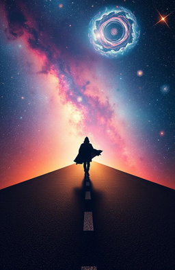 A lone figure walking on a disappearing road that fades into a vast cosmic landscape filled with stars, nebulae, and colorful galaxies