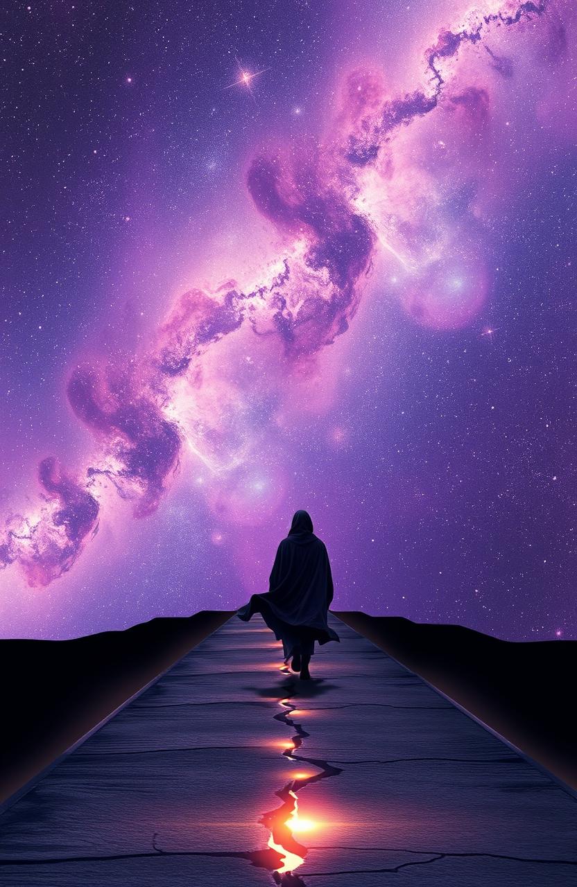 A lone figure walking on a disappearing road that gradually fades into a vast cosmic landscape filled with stars, nebulas, and swirling galaxies