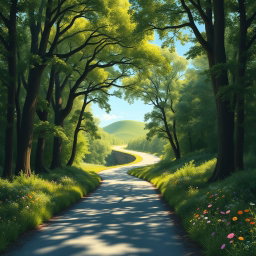 A serene and intricate landscape depicting a winding road through a lush green forest, symbolizing the journey of life