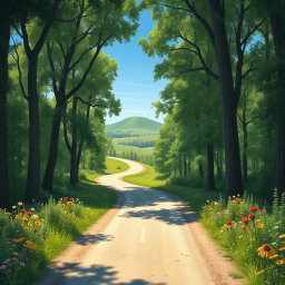A serene and intricate landscape depicting a winding road through a lush green forest, symbolizing the journey of life
