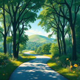 A serene and intricate landscape depicting a winding road through a lush green forest, symbolizing the journey of life