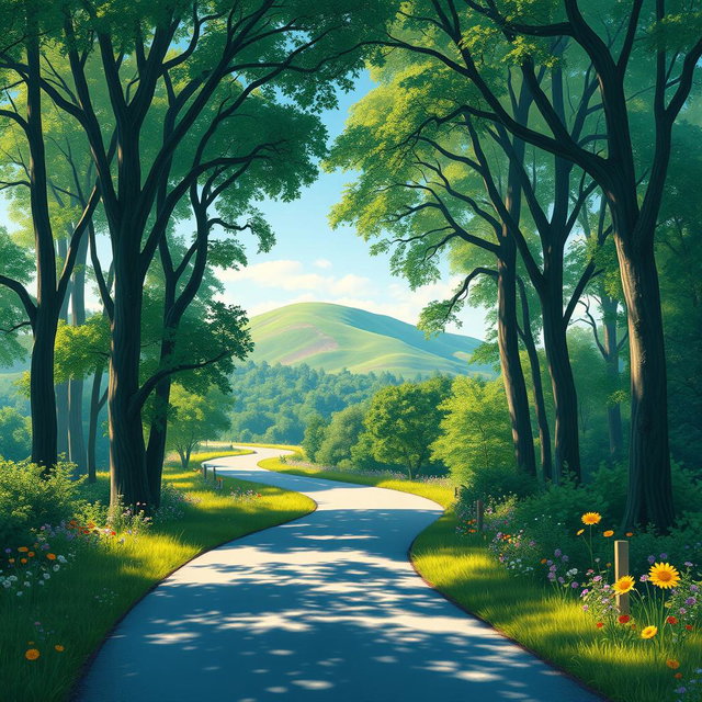 A serene and intricate landscape depicting a winding road through a lush green forest, symbolizing the journey of life
