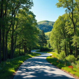 A serene and intricate landscape depicting a winding road through a lush green forest, symbolizing the journey of life