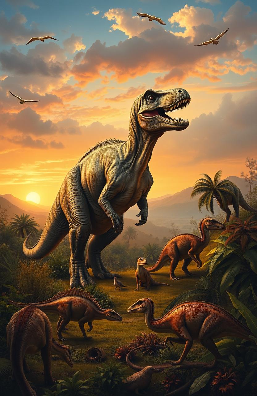 An elegant painting of dinosaurs in a lush prehistoric landscape, showcasing a majestic Tyrannosaurus rex standing tall amidst vibrant foliage, gentle herbivorous dinosaurs grazing nearby, and a dramatic sunset casting warm hues over the scene