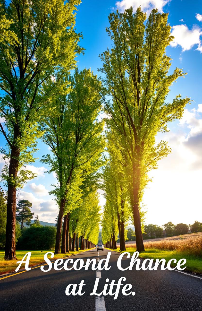 A scenic road lined with tall, lush trees, their green leaves rustling in a gentle breeze under a bright blue sky filled with fluffy white clouds