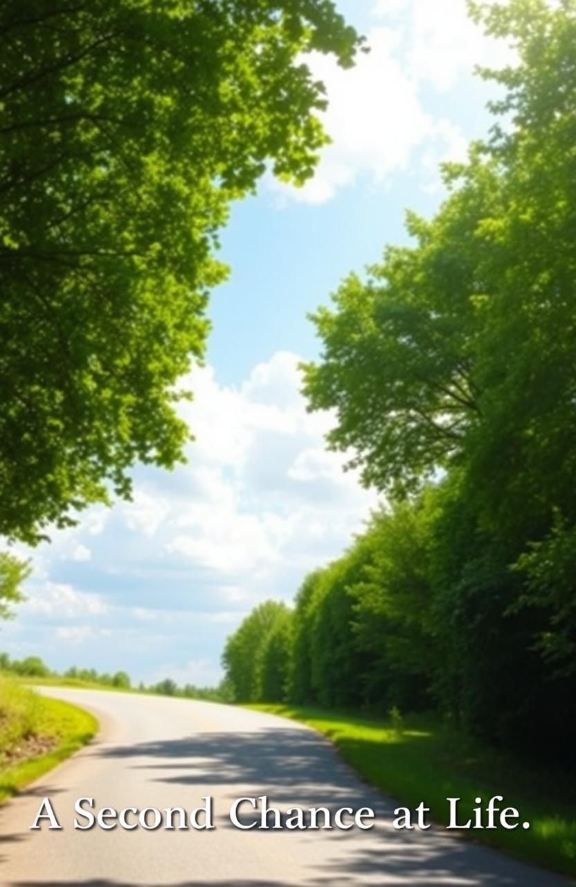 A serene landscape featuring a winding road flanked by lush green trees, reaching towards a bright, open sky filled with fluffy white clouds