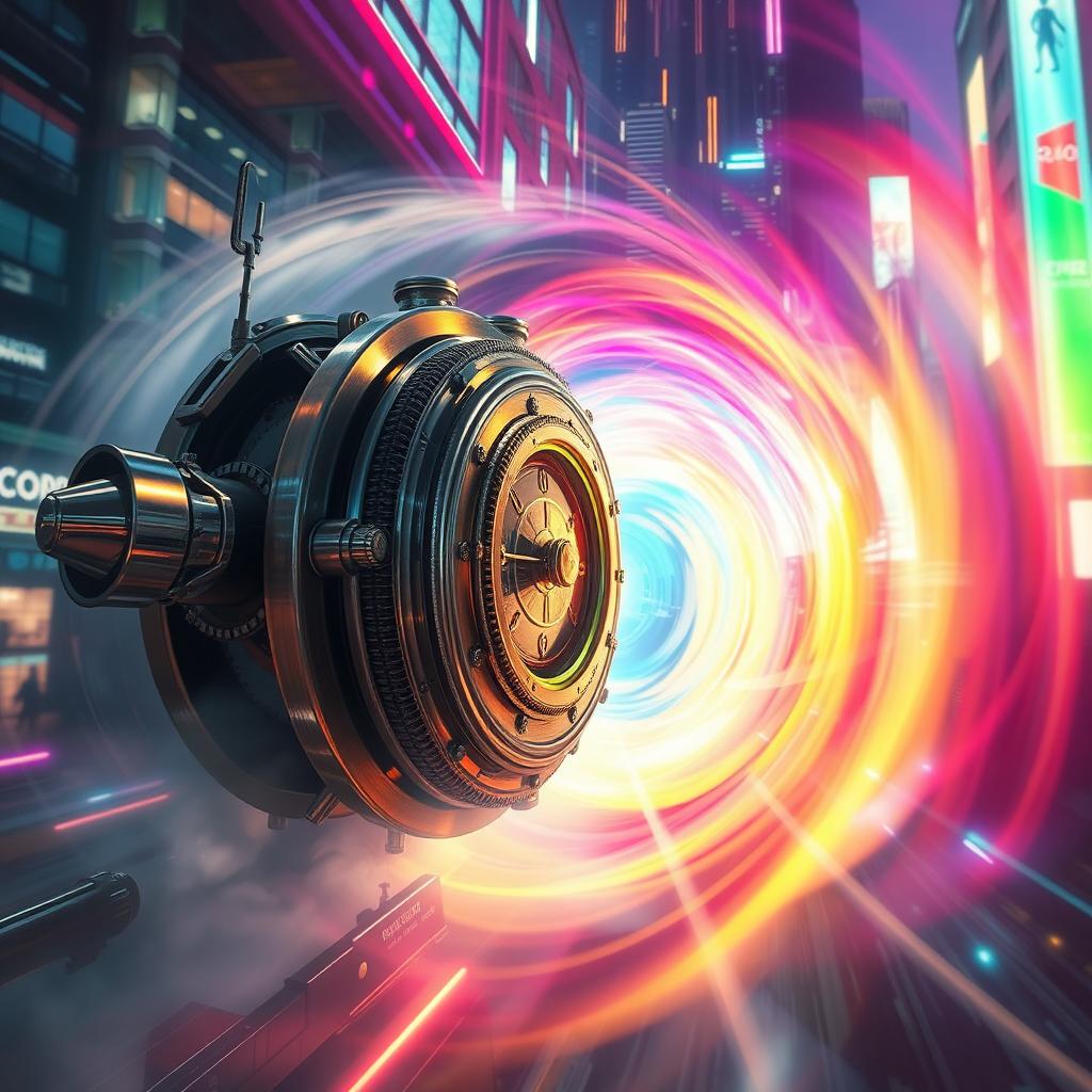A cinematic scene featuring a futuristic time machine, gleaming with metallic surfaces and intricate gears, surrounded by a vivid, swirling vortex of colors representing time travel