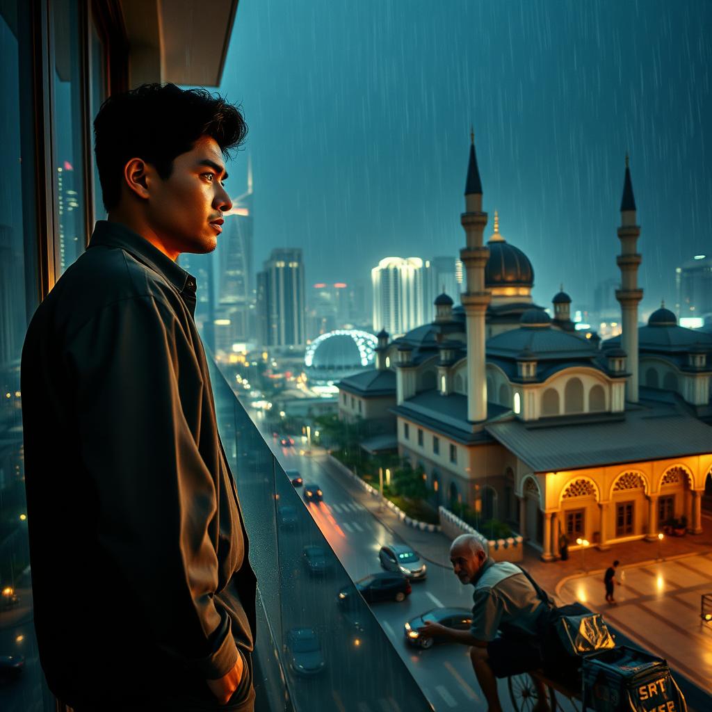 A wealthy young Indonesian man sitting alone on the balcony of his luxurious apartment at night, overlooking a glittering city skyline