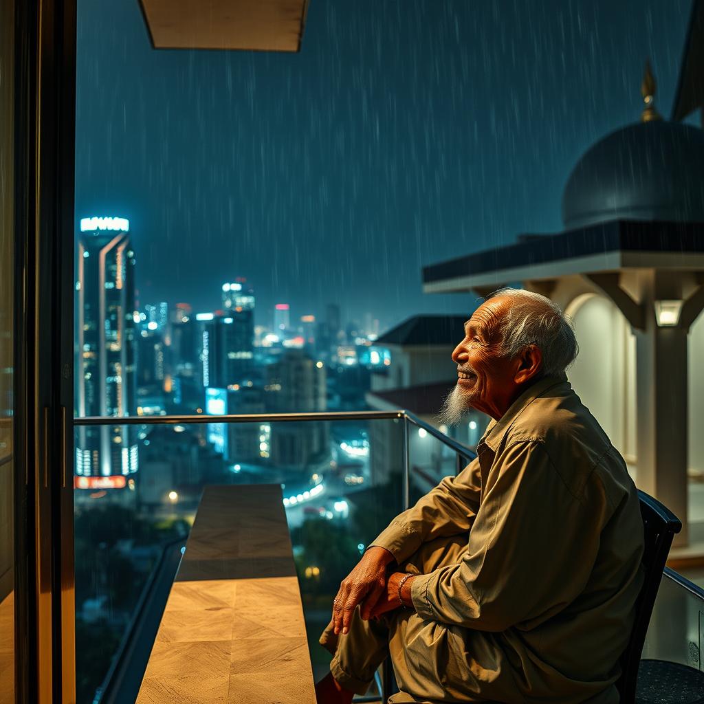 A wealthy young Indonesian man sitting alone on the balcony of his luxurious apartment at night, with a stunning view of a glittering city skyline filled with lights