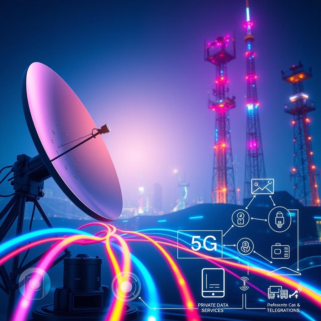 A modern telecommunications service scene showcasing a Starlink satellite dish, vibrant fiber optic cables glowing with light, tall 5G mobile network towers in the background, a visual representation of private data services, along with illustrations of internet and telephony services