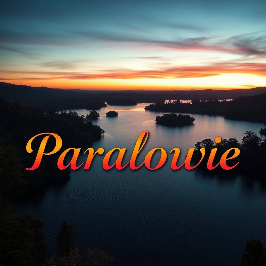 A scenic landscape view of the lakes with beautiful natural surroundings, showcasing the rich colors of twilight, with gentle ripples on the water reflecting the deep shades of the sunset sky