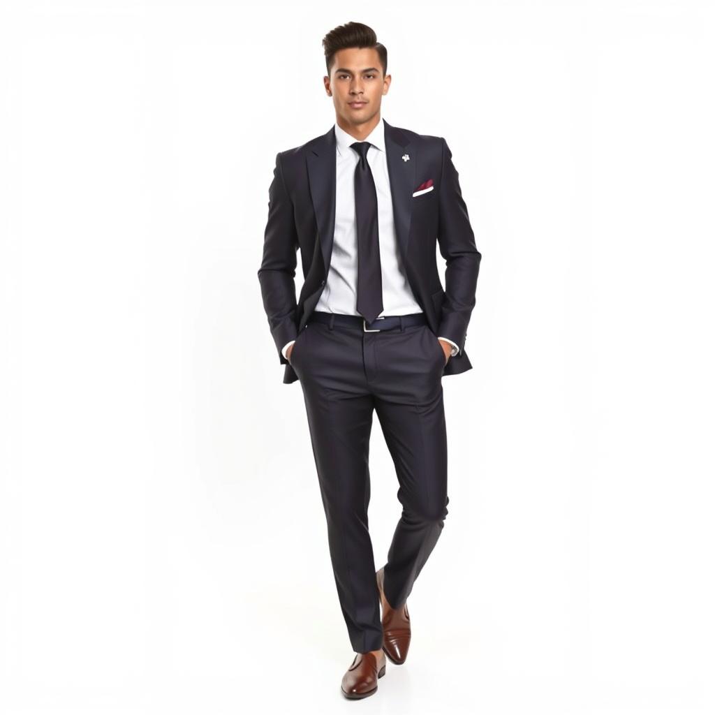 A person dressed in a stylish, tailored suit, standing confidently against a clean, bright white background