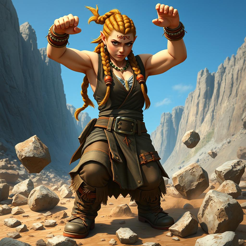 A strong, female dwarf with a muscular build, skillfully earthbending in a rocky, mountainous landscape