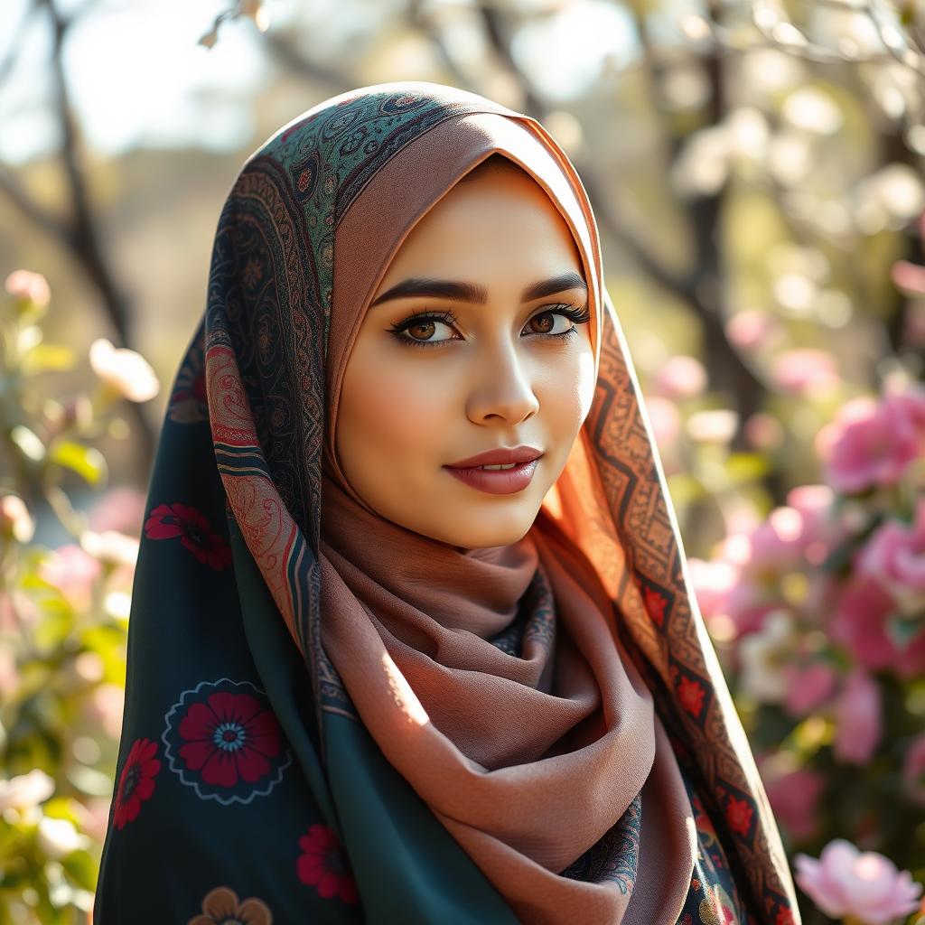 A beautiful woman wearing a colorful hijab, adorned with intricate patterns