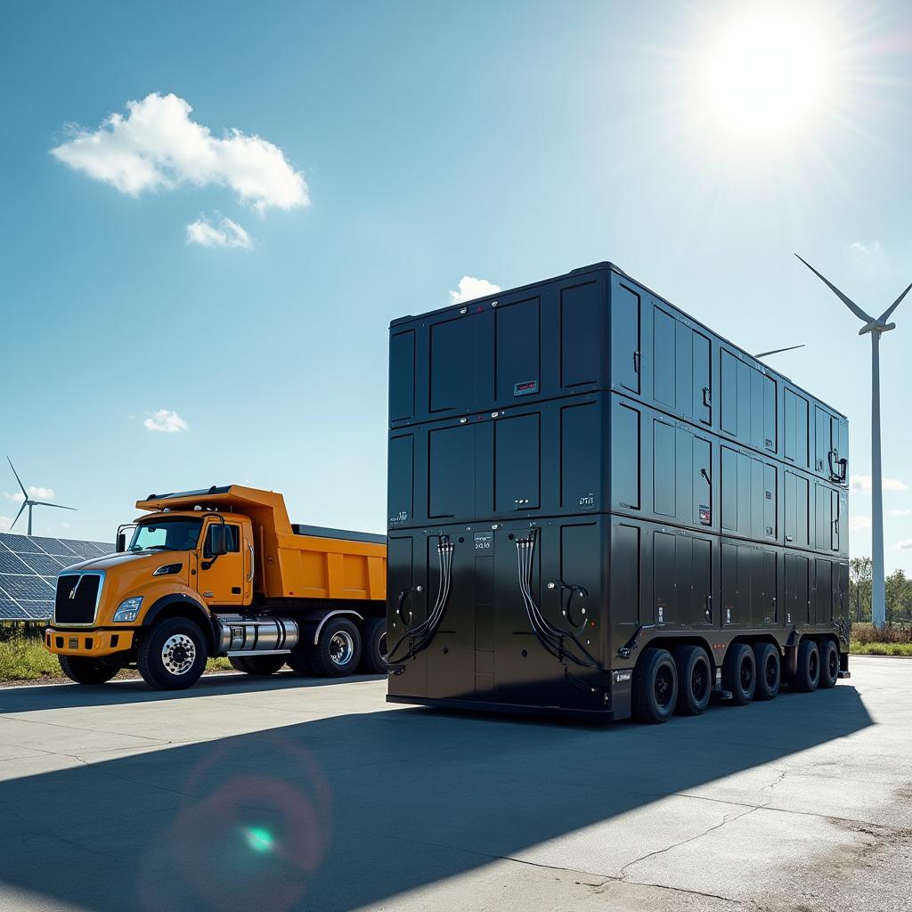 A large, futuristic battery bank designed specifically for an electric dump truck, showcasing an expansive array of high-capacity lithium-ion batteries stacked neatly