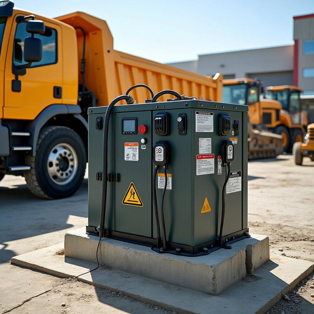 A battery bank designed for an electric dump truck, featuring a robust and compact configuration of high-capacity batteries with clear labeling and modern technology