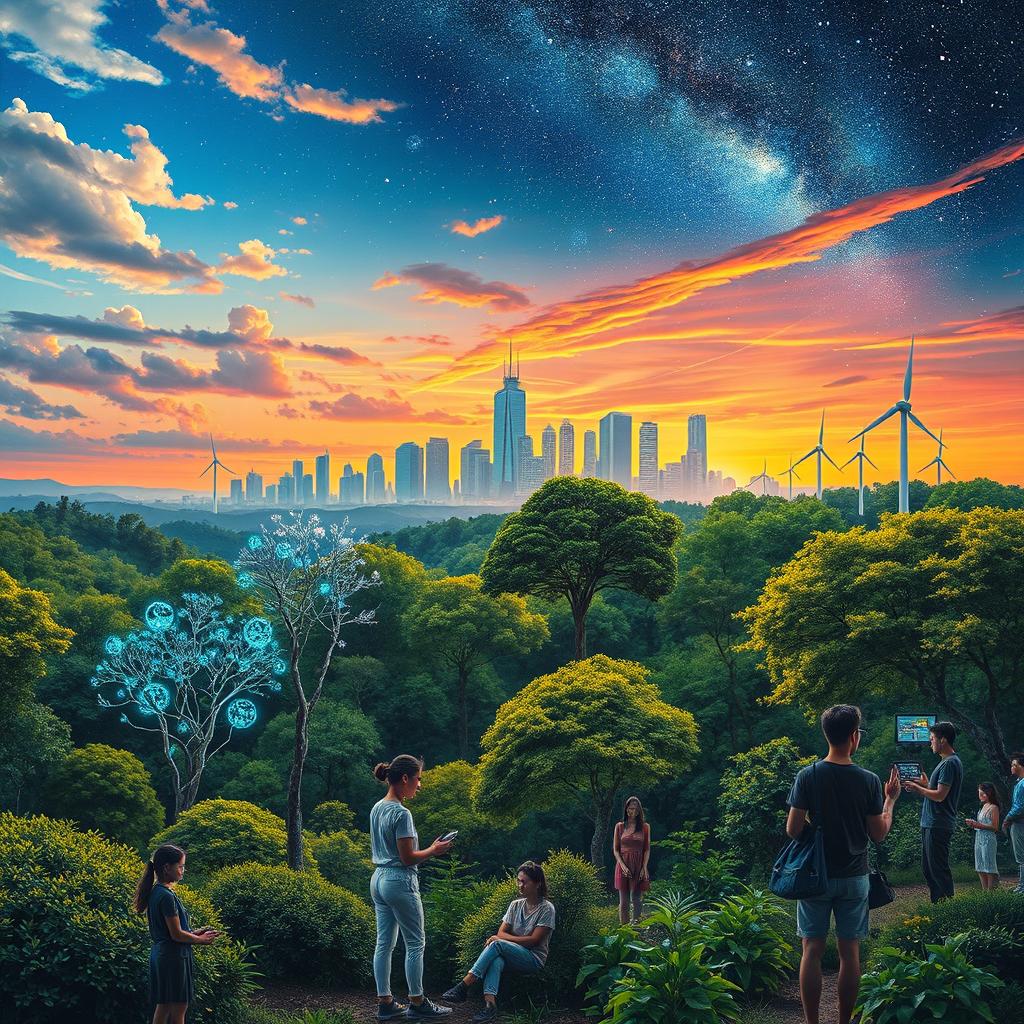 A thought-provoking artwork that encapsulates the intricate relationship between technology and nature, society, and the world