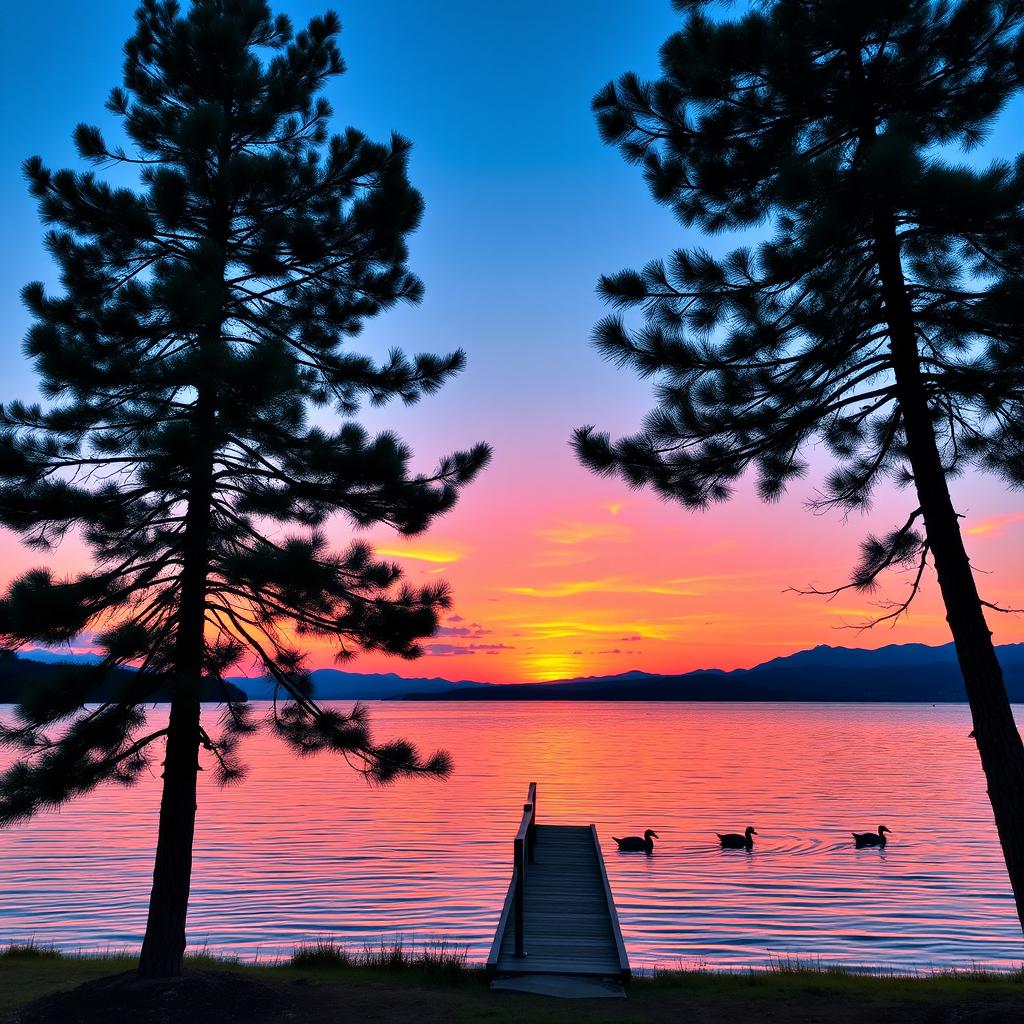 A serene landscape featuring a vivid sunset over a calm lake, with vibrant orange and pink hues reflecting off the water