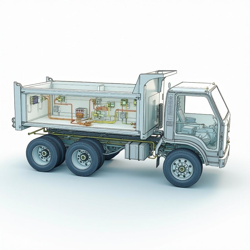 A detailed technical design illustration of an electric distribution system specifically for an electric dump truck