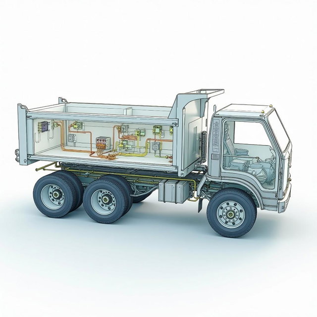 A detailed technical design illustration of an electric distribution system specifically for an electric dump truck