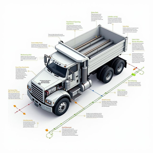A technical design illustration of an electric distribution system for an electric dump truck