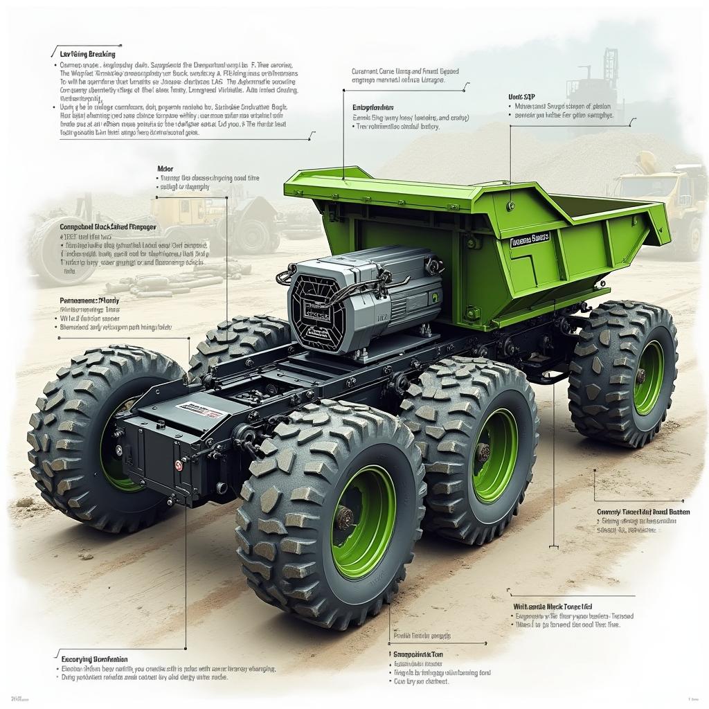 A highly detailed technical design illustration of an electric dump truck chassis, focusing on its intricate components