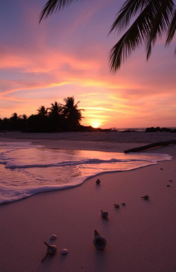 A serene beach scene at sunset, featuring vibrant hues of orange, pink, and purple in the sky as the sun gracefully sets over the horizon