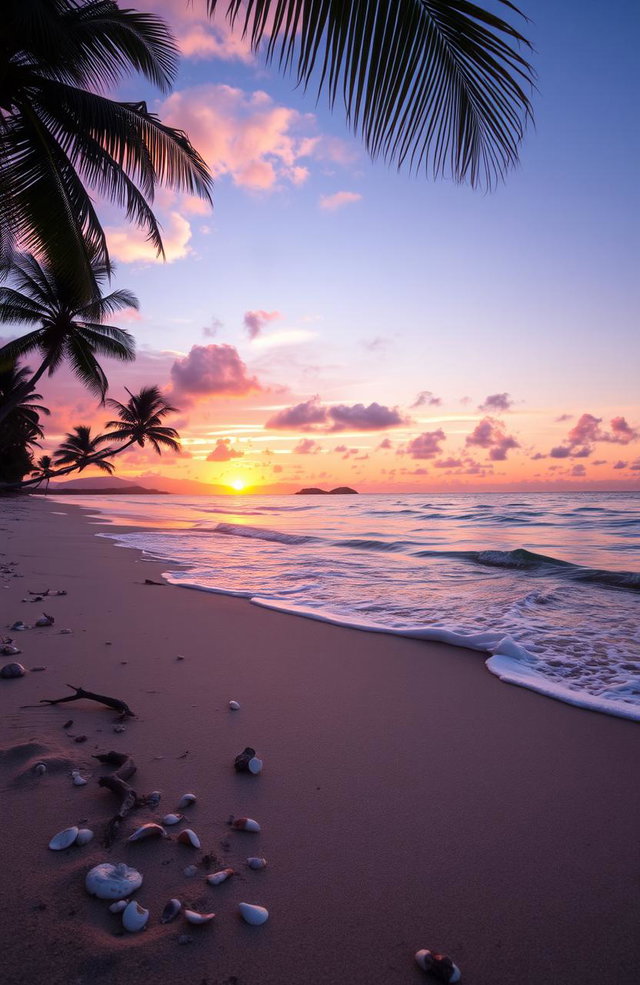 A serene beach scene at sunset, featuring vibrant hues of orange, pink, and purple in the sky as the sun gracefully sets over the horizon