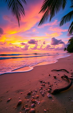 A serene beach scene at sunset, featuring vibrant hues of orange, pink, and purple in the sky as the sun gracefully sets over the horizon