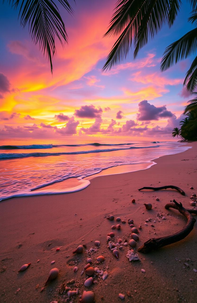 A serene beach scene at sunset, featuring vibrant hues of orange, pink, and purple in the sky as the sun gracefully sets over the horizon