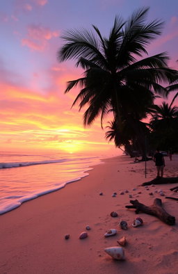 A serene beach scene at sunset, featuring vibrant hues of orange, pink, and purple in the sky as the sun gracefully sets over the horizon