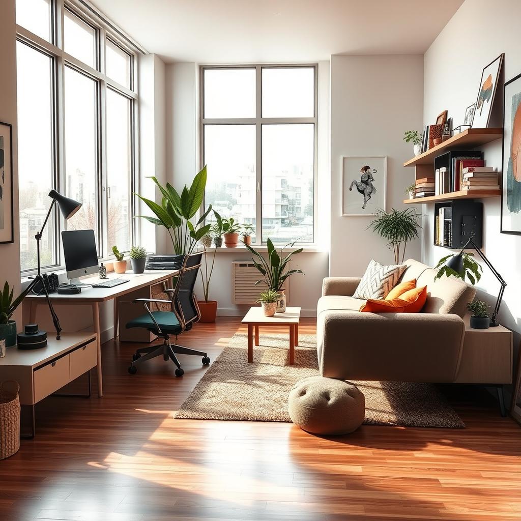 A modern multifunctional space that serves as a blend of a home office, relaxation area, and creative studio