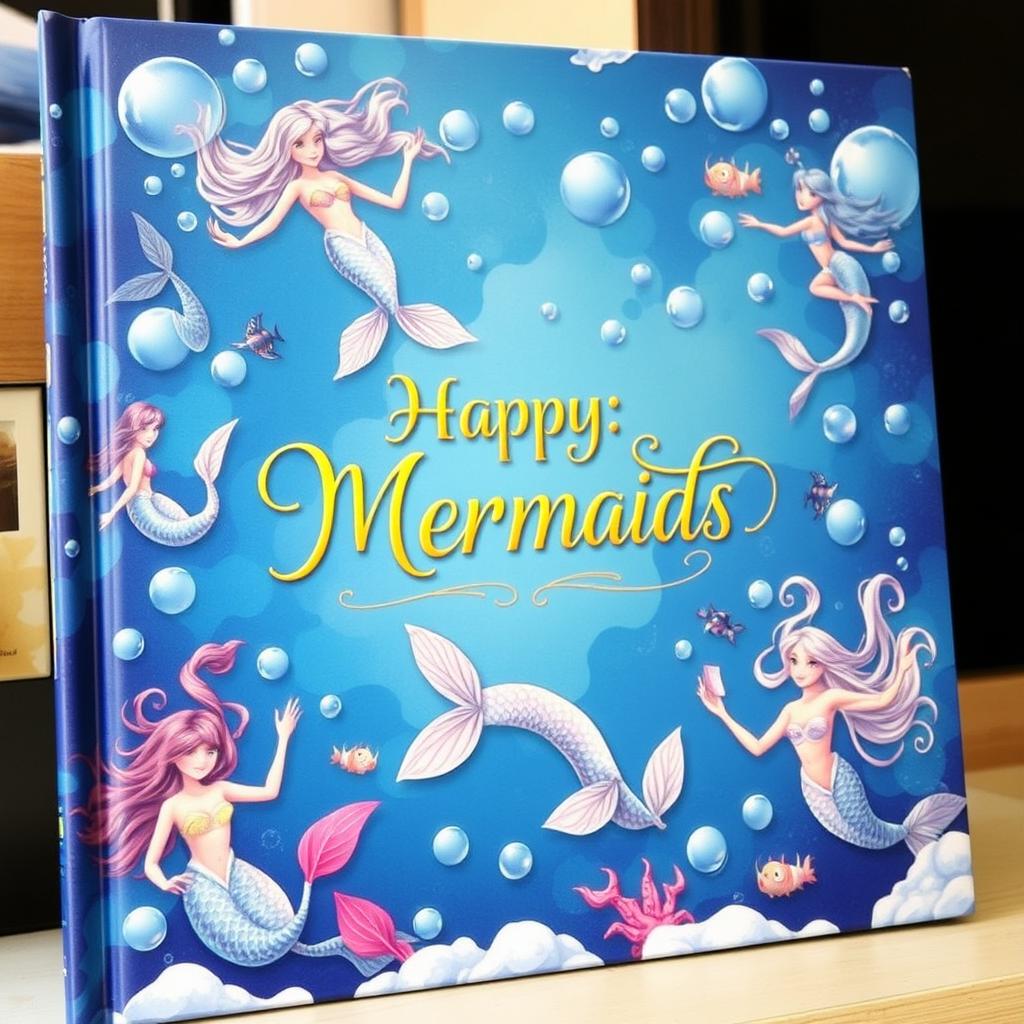 A captivating blue fantasy book cover featuring enchanting mermaids gracefully swimming amidst frothy bubbles