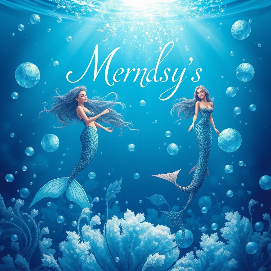 A stunning blue fantasy book cover that is eye-catching and enchanting, featuring magical mermaids gracefully swimming through an underwater realm filled with frothing bubbles