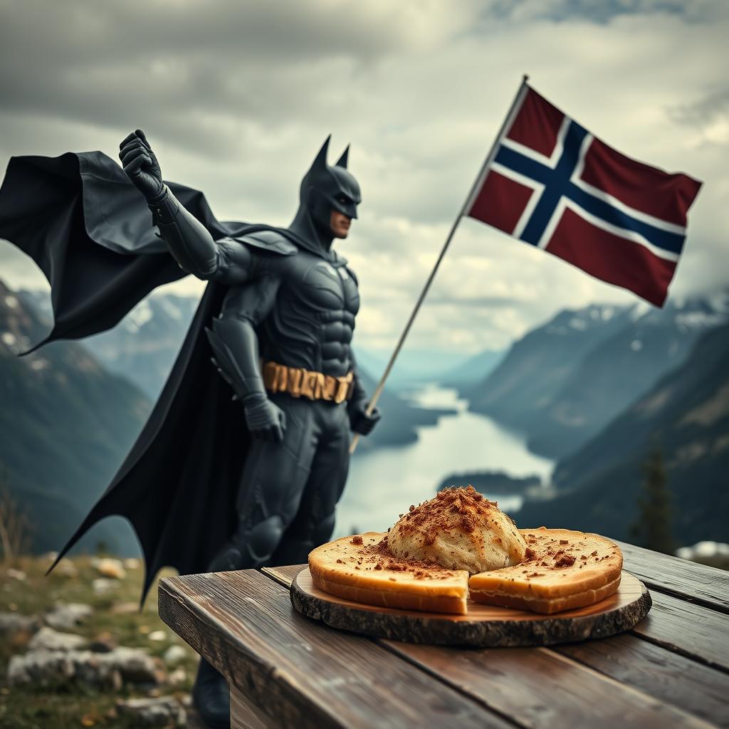 A dramatic scene featuring Batman standing in a picturesque Norwegian landscape