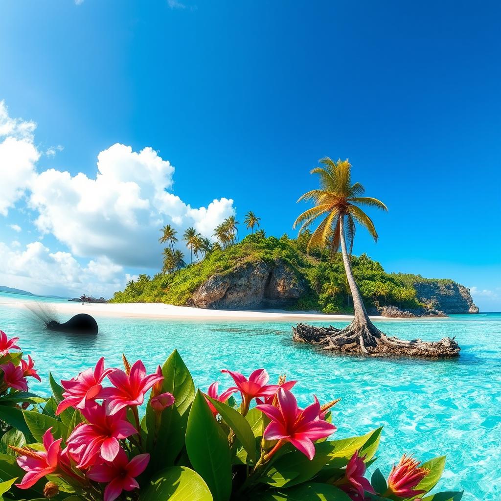 A picturesque tropical paradise island with lush palm trees, white sandy beaches, and crystal-clear turquoise waters under a bright blue sky