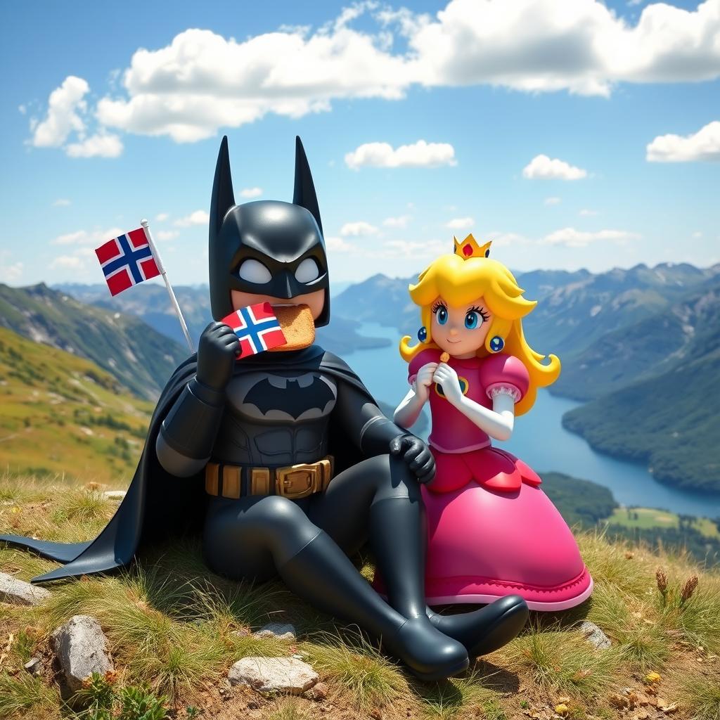 A whimsical scene featuring Batman and Princess Peach in the stunning landscapes of Norway