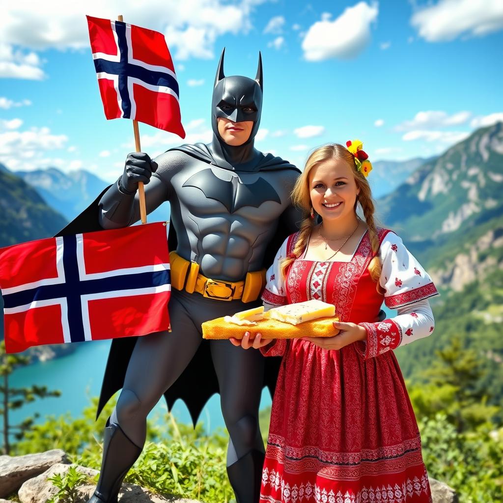 A dynamic scene featuring Batman, the iconic superhero, standing heroically while holding a Norwegian flat flag
