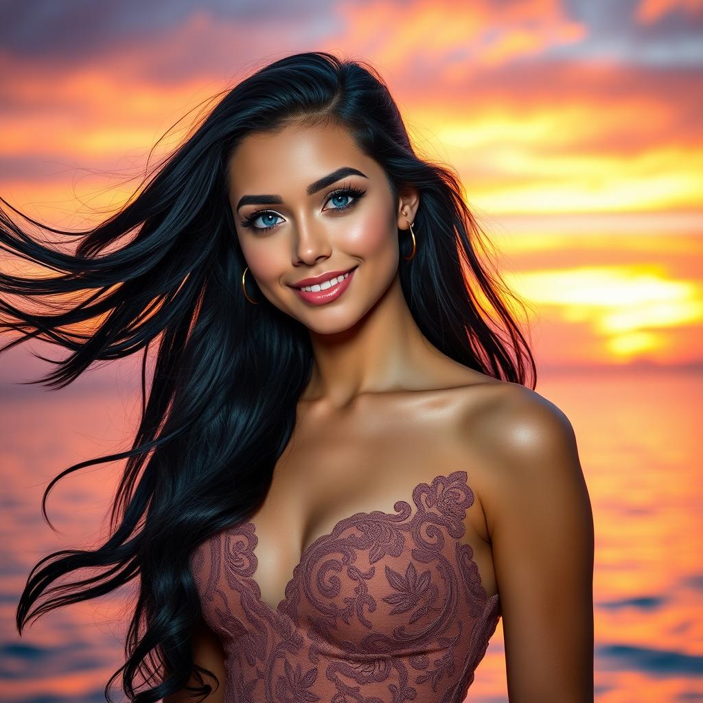 A vibrant portrait of a confident young woman with flowing long black hair styled elegantly, wearing a chic evening gown adorned with intricate lace patterns
