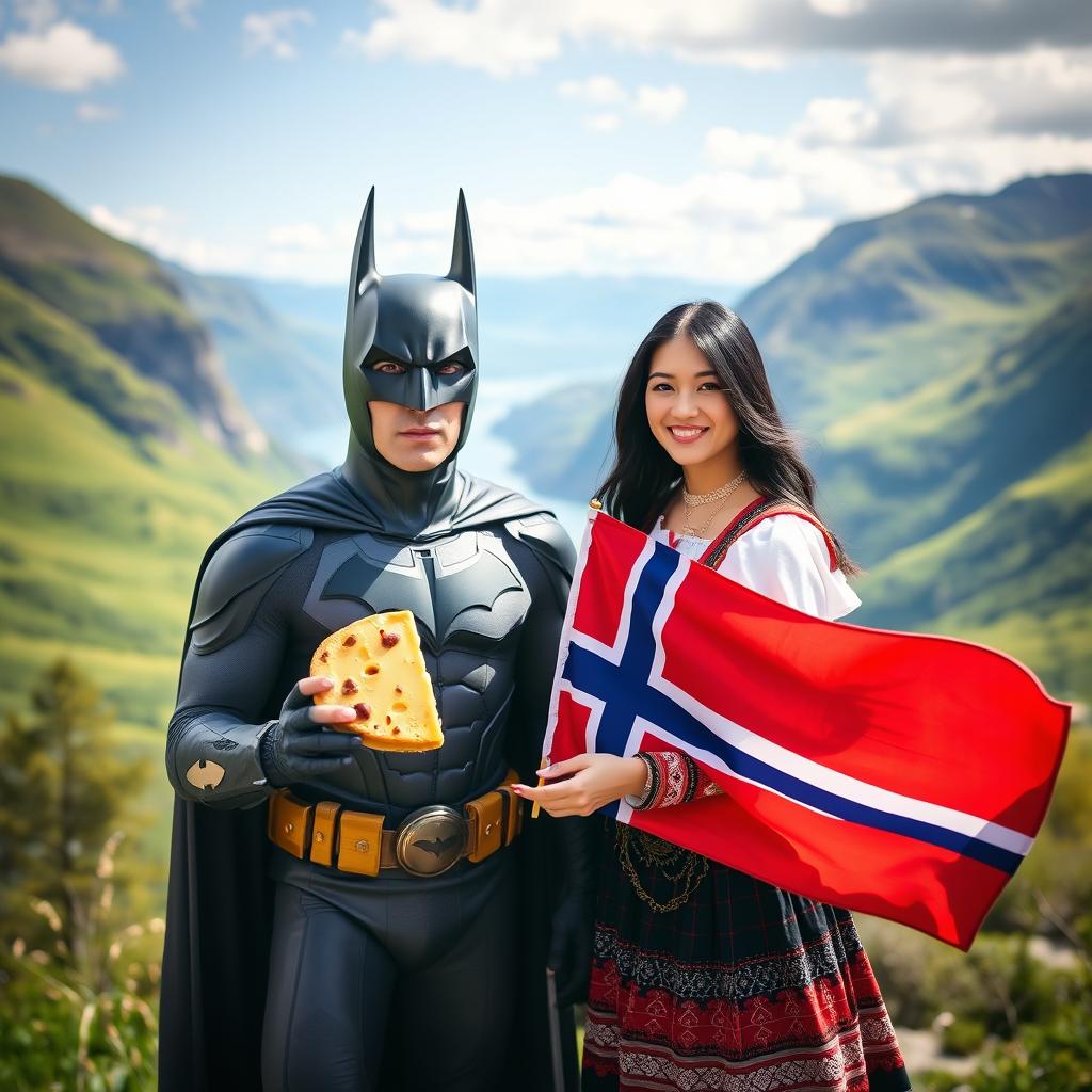 A dynamic scene featuring Batman, dressed in his iconic dark suit with a cape, standing in the picturesque landscape of Norway