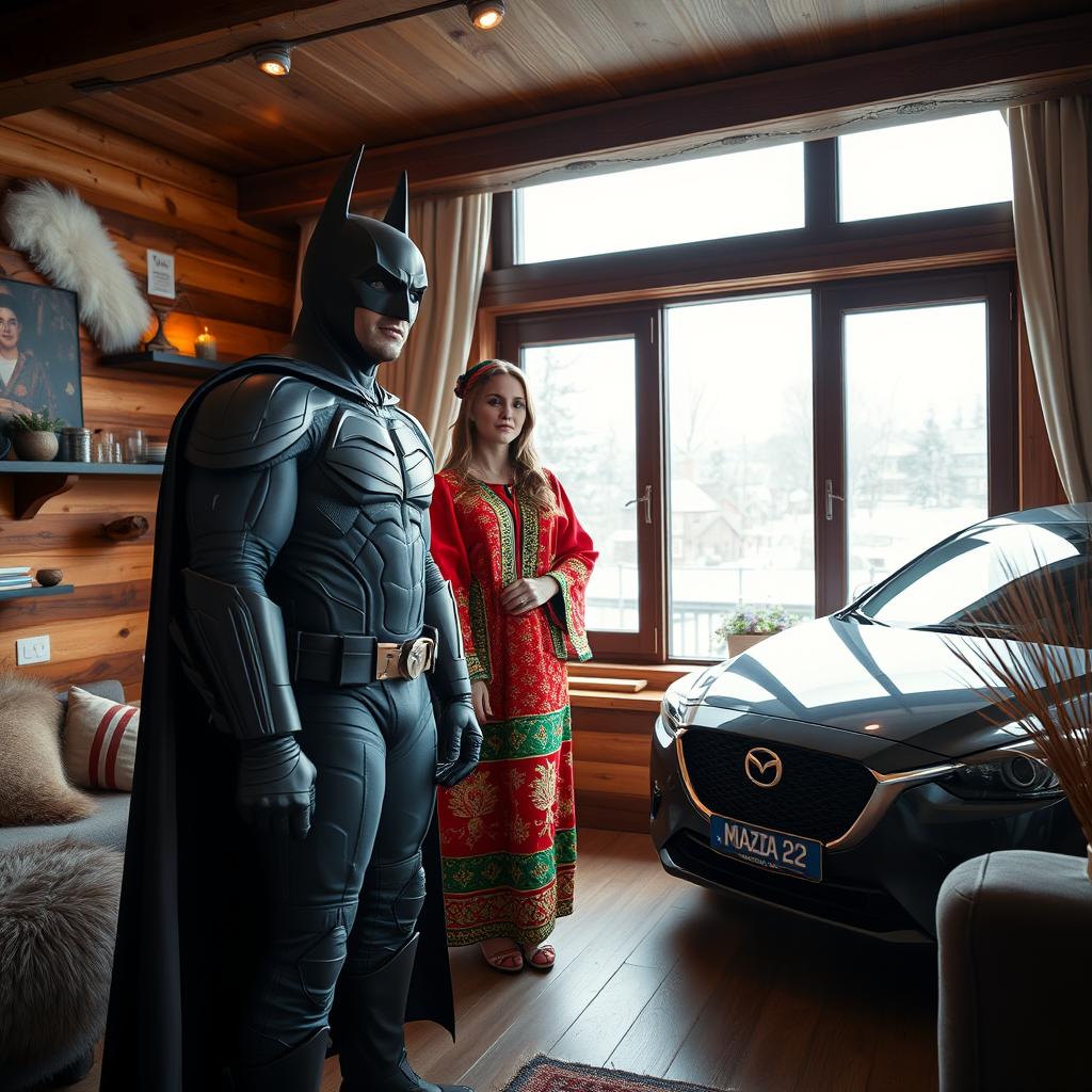 A striking scene featuring Batman standing next to a stunning Bulgarian beauty inside a cozy Norwegian flat
