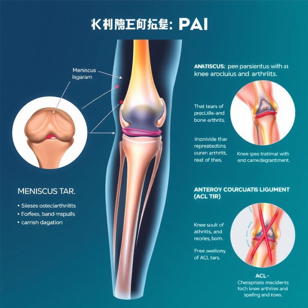 An informative illustration depicting the anatomy of the human knee, with a focus on knee pain, meniscus tear, knee osteoarthritis, and anterior cruciate ligament (ACL) tear