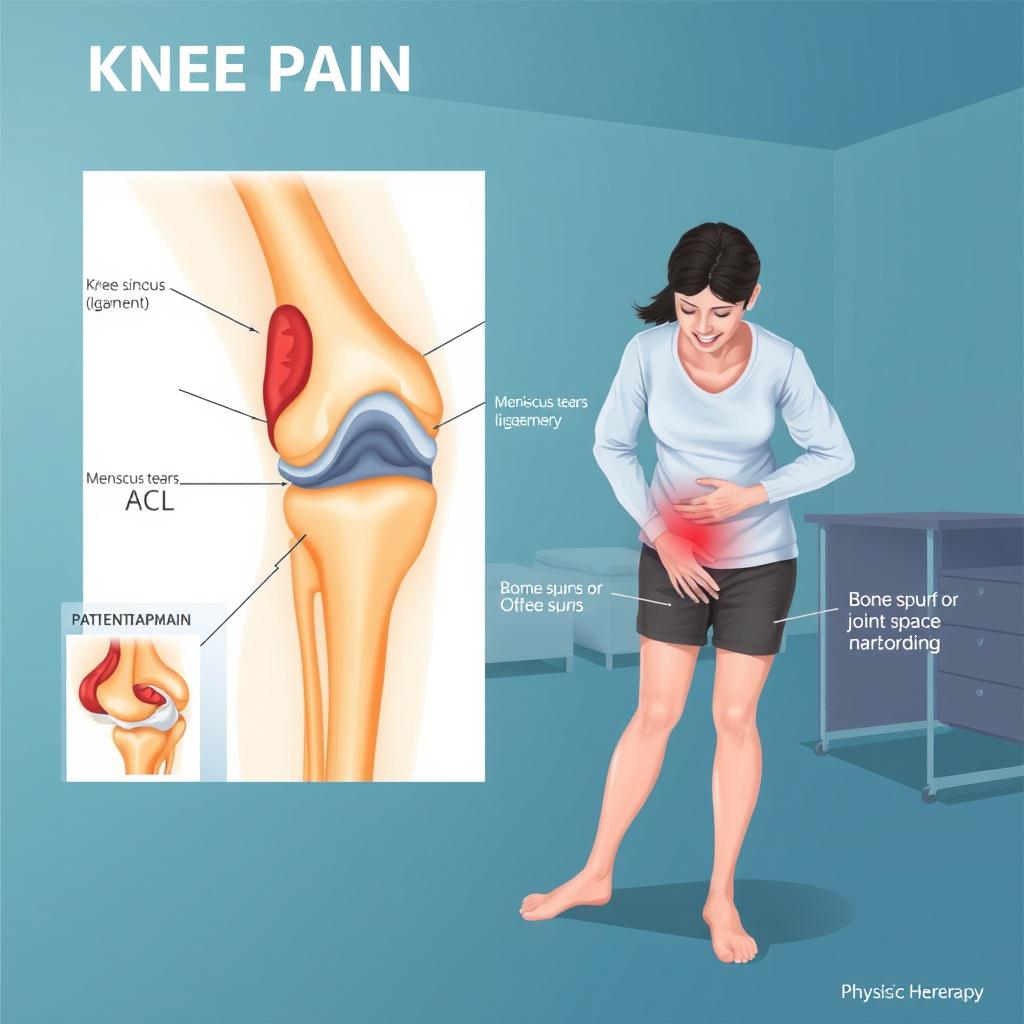 An informative medical illustration depicting knee pain and injuries related to the knee