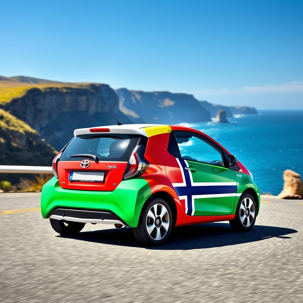 A vibrant scene of a Toyota Aygo, painted in bold, flat colors representing Bulgarian and Norwegian flags, cruising along the breathtaking Atlantic Road