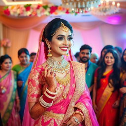 A stunning Indian bride adorned in a traditional wedding outfit, featuring intricate gold embroidery and a vibrant colored lehenga